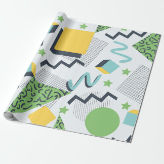 Papier Cadeau Géométrique verte et jaune inspirée de Memphis