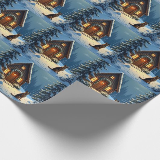 Papier Cadeau German Shepherd Snowy Forest Cabin Christmas Paint (Coin)