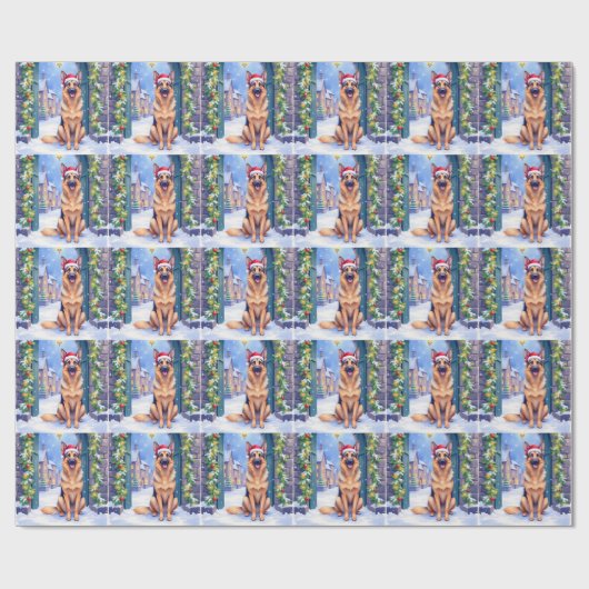 Papier Cadeau German Shepherd Snowy Town Gate Santa Christmas (Plat)