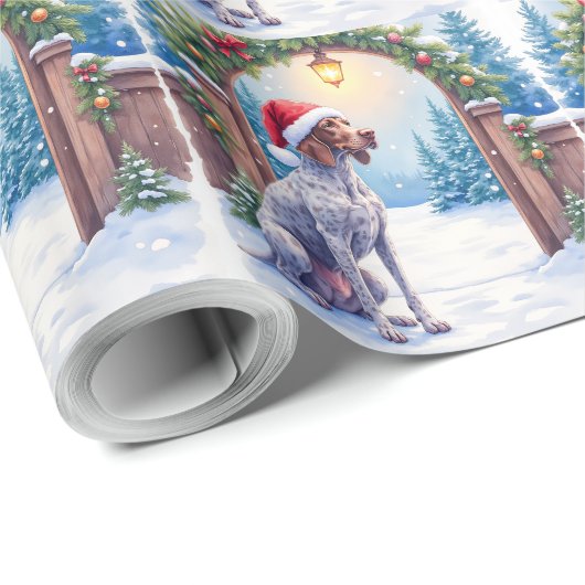 Papier Cadeau German Shorthaired Pointer Snowy Gate Santa Hat (Coin rond)