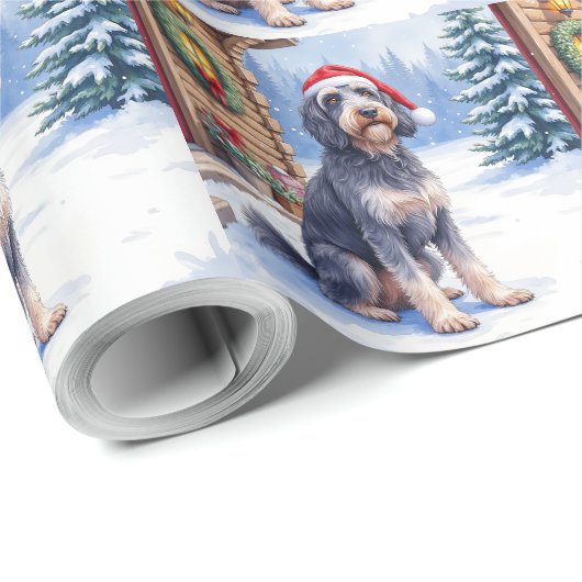 Papier Cadeau German Wirehaired Pointer Snowy Lodge Santa Hat (Coin rond)