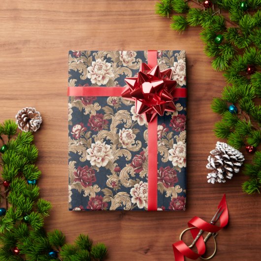 Papier Cadeau Gilded Scrollwork Variegated Peony Navy (Cadeau de vacances)