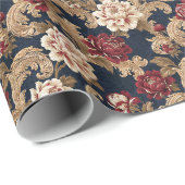 Papier Cadeau Gilded Scrollwork Variegated Peony Navy (Coin rond)