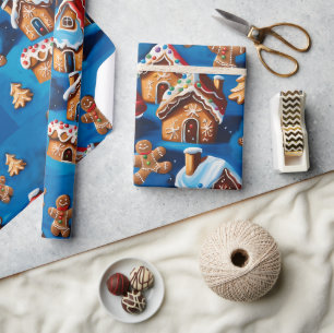 Papier Cadeau Gingembre de Noël Cookies Maisons Arbres Vacances 