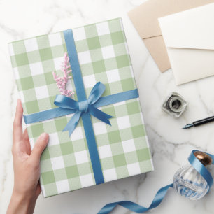 Papier Cadeau Gingham à carreaux de sauge et de buffle blanc
