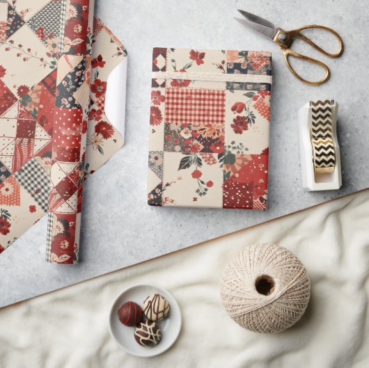 Papier Cadeau Gingham Fleurs de Cottage Rouge (Artisanat)