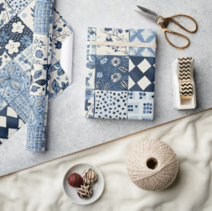 Papier Cadeau Gingham Floral Cottagecore Bleu en Patchwork