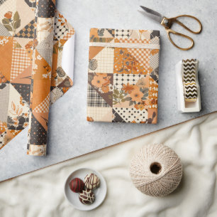 Papier Cadeau Gingham Floral Cottagecore Orange Broderie