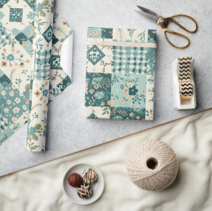Papier Cadeau Gingham Floral Cottagecore Tissu Teal