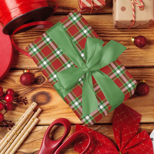 Papier Cadeau Gingham Rouge Vert Blanc Traditionnel Classique
