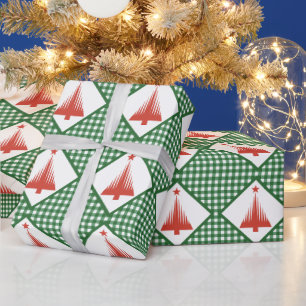 Papier Cadeau Gingham vert de Noël avec arbre rouge