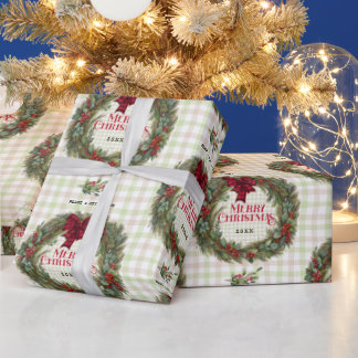 Papier Cadeau Gingham Wreath Watercolor Christmas