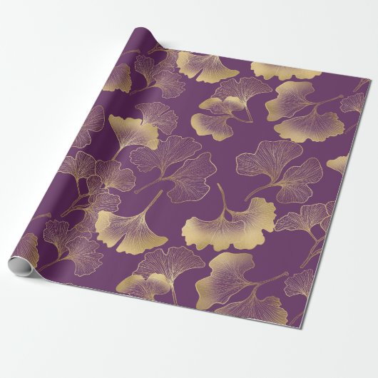 Papier Cadeau Ginkgo Botanique Or Violet Foncé (Déroulé)