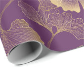 Papier Cadeau Ginkgo Botanique Or Violet Foncé (Coin rond)