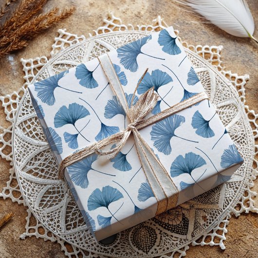 Papier Cadeau Ginkgo Tropical feuille bleu et blanc motif