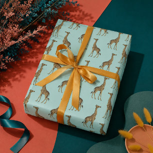 Papier Cadeau Girafe Bleu et Doré