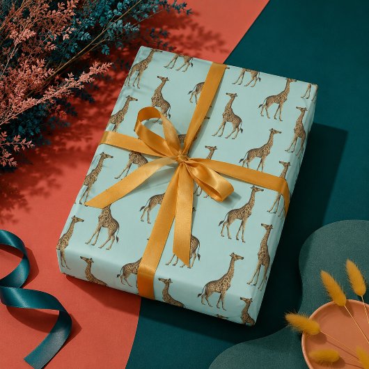Papier Cadeau Girafe Bleu et Doré
