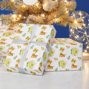 Papier Cadeau Girafe Fleurs Florales Jaunes