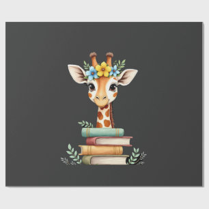 Papier Cadeau Girafe Mignonne Avec Livre Floral Bibliophile Bibl