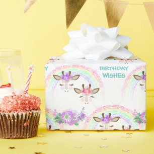 Papier Cadeau Giraffe arc-en-ciel face à l'anniversaire