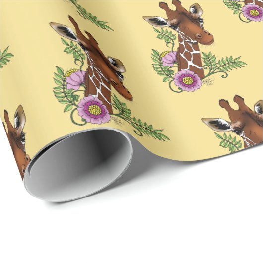 Papier Cadeau Giraffe Fleurs de Portrait Jaunes (Coin rond)