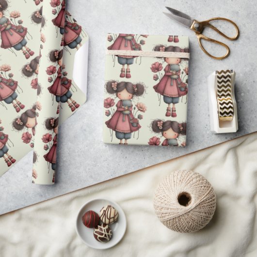 Papier Cadeau Girl with A Frog Doll Cute Whimsical Pattern (Artisanat)