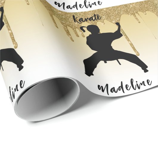 Papier Cadeau Girls Karate Stance Gold Parties scintillant Drip (Coin rond)
