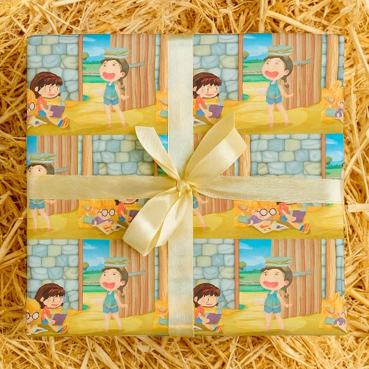 Papier Cadeau Girls Reading In A Barn Wrapping Paper