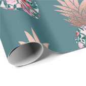 Papier Cadeau Girly Chic Rose Or Ananas Floral Turquoise Vert (Coin rond)