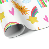 Papier Cadeau Girly Rainbow Sun Star Name Pattern for Kids (Coin rond)