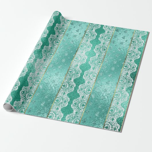 Papier Cadeau Glam Aqua Mint Green Golden Foil White Lace (Déroulé)