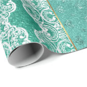 Papier Cadeau Glam Aqua Mint Green Golden Foil White Lace (Coin rond)
