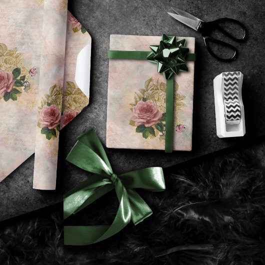 Papier Cadeau Glam Steampunk | Rose rose et or Rustique Floral