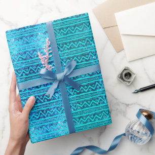 Papier Cadeau Glam Turquoise Faux Parties scintillant Tribal Pri