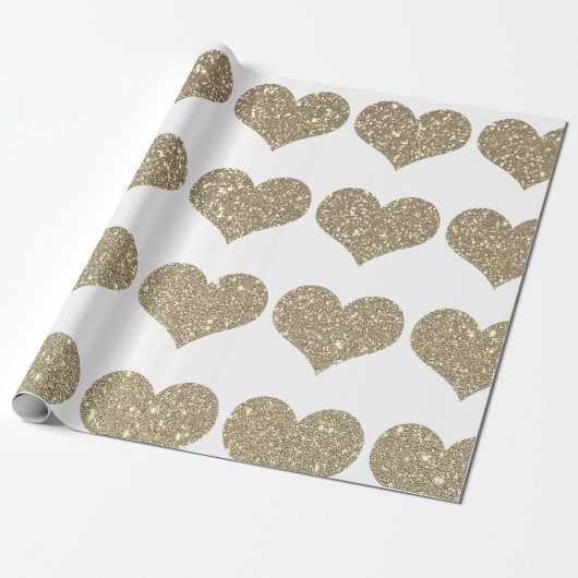 Papier Cadeau Glittery Gold Heart Motifs Golden White Sparkle (Déroulé)
