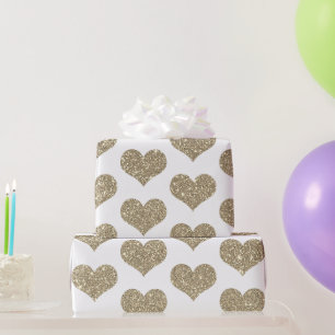Papier Cadeau Glittery Heart Motifs Or Golden White Sparkle