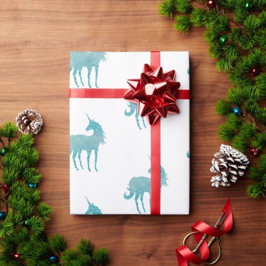 Papier Cadeau Glitzy White Aqua Sparkle Unicorn (Cadeau de vacances)