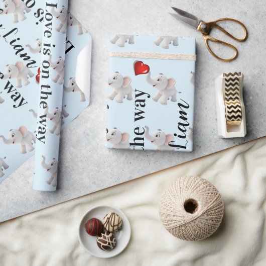 Papier Cadeau Glossy Wrapping Paper Blue Elephant Red Hearts  (Artisanat)