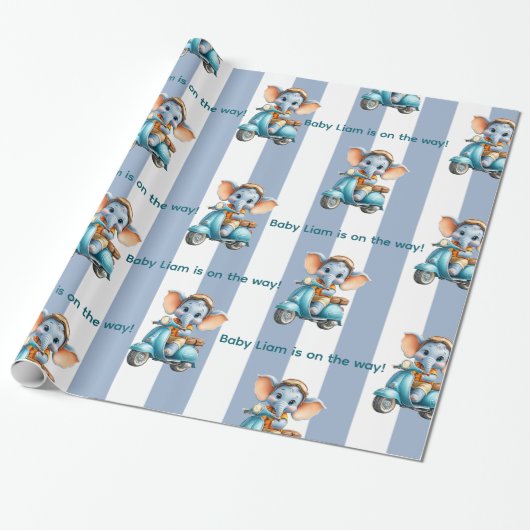 Papier Cadeau Glossy Wrapping Paper Blue & White Stripe Elephant (Déroulé)