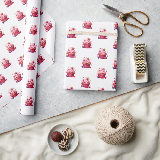 Papier Cadeau Glossy Wrapping Paper Pink Strawberry Cupcake (Artisanat)