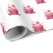 Papier Cadeau Glossy Wrapping Paper Pink Strawberry Cupcake (Coin rond)