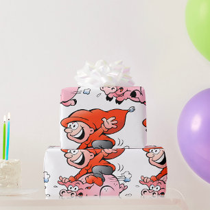 Papier Cadeau Gnome de dessin animé drôle chevauchant un cochon