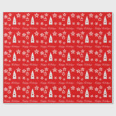 Papier Cadeau Gnome de Noël, Snowflakes & Stars en rouge (Plat)