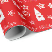 Papier Cadeau Gnome de Noël, Snowflakes & Stars en rouge (Coin rond)