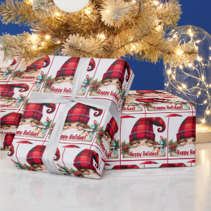 Papier Cadeau Gnome Féminin de Noël avec Chapeau à Carreaux