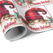 Papier Cadeau Gnome Fille De Noël Avec Casquette Plaid (Coin rond)