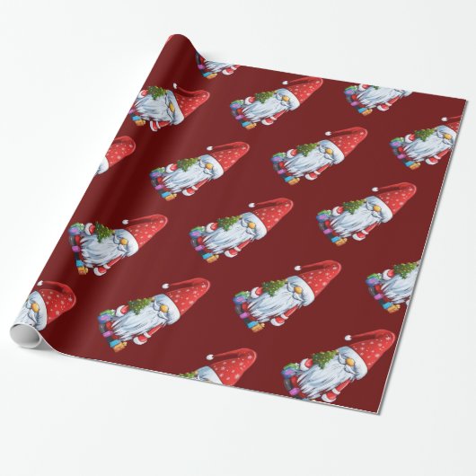 Papier Cadeau Gnome Gonk De Noël Habillé En Tenue Festive (Déroulé)