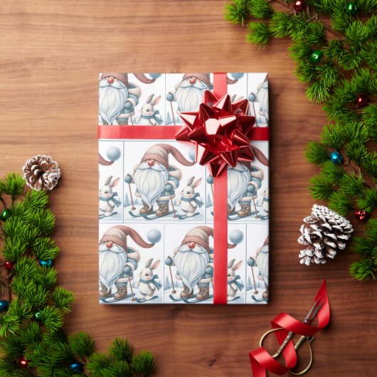 Papier Cadeau Gnome Ski avec un lapin (Cadeau de vacances)