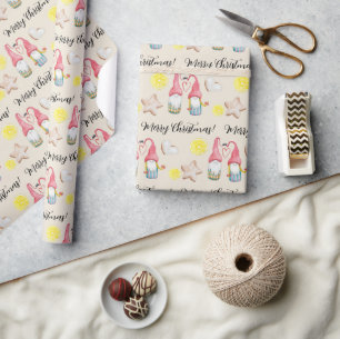 Papier Cadeau Gnomes de Noël en amour Aquarelle peinte à la main