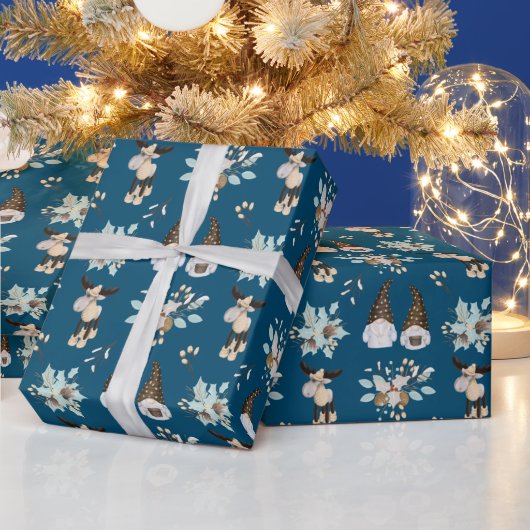 Papier Cadeau Gnomes de Noël et orignal en bleu (Vacances)